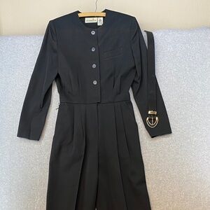 Vintage Liz Claiborne Size 8 Black Wool Jumpsuit One Piece Pant Suit With Belt